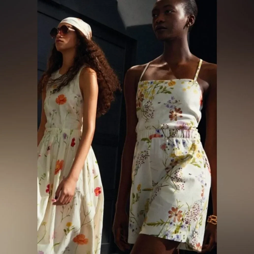 NWT H&M Linen Collection Wildflower Meadow Lace Back Square Neck Floral Romper S